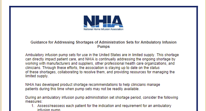  NHIA Issues Guidance to Address Shortages of Administration Sets for Ambulatory Infusion Pumps
