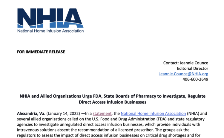  NHIA and Allied Organizations Urge FDA, State Boards of Pharmacy to Investigate, Regulate Direct Access Infusion Businesses